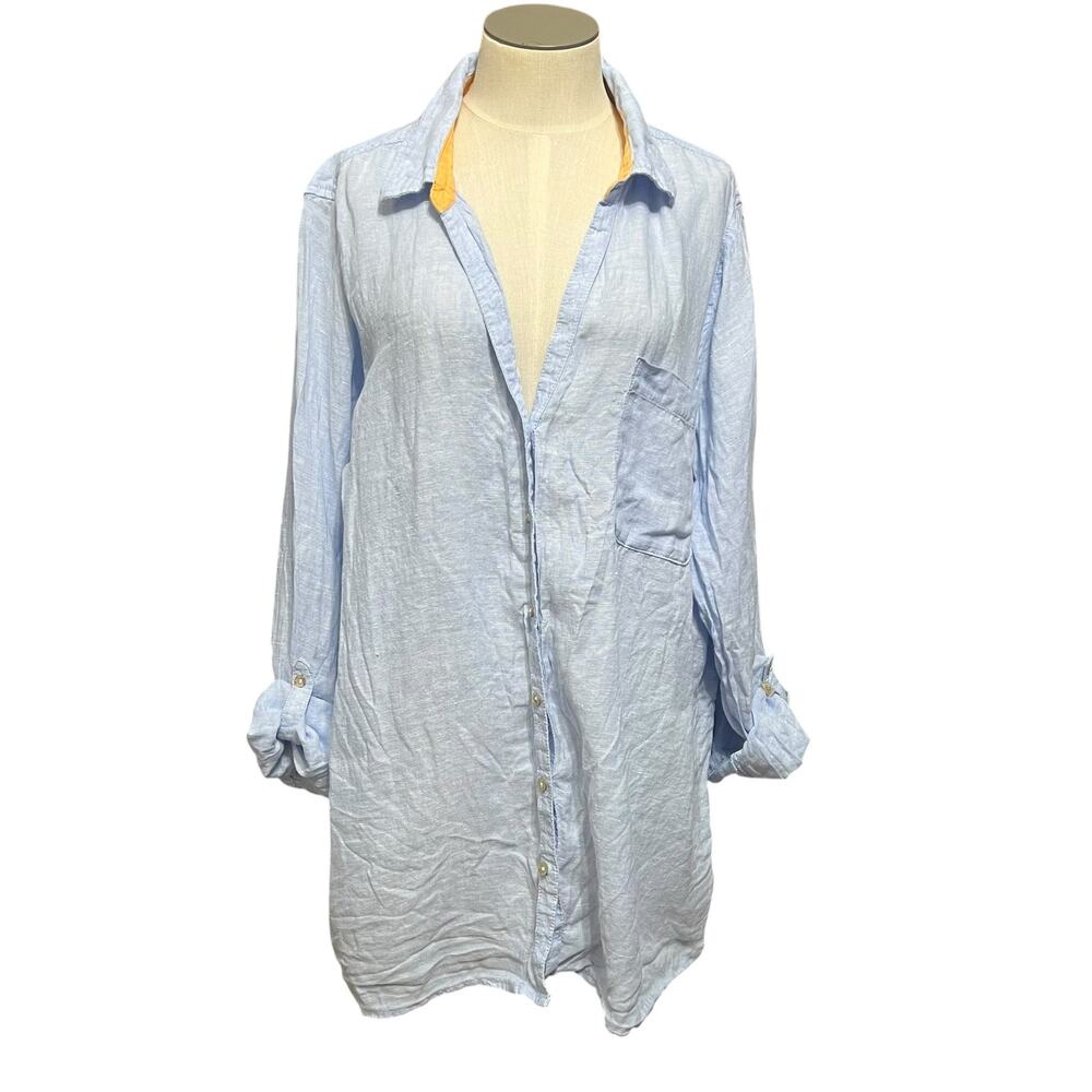 Sigrid Olsen Womens Blue 100% Linen Button Up Long Sleeve Roll Tab Shirt Sz